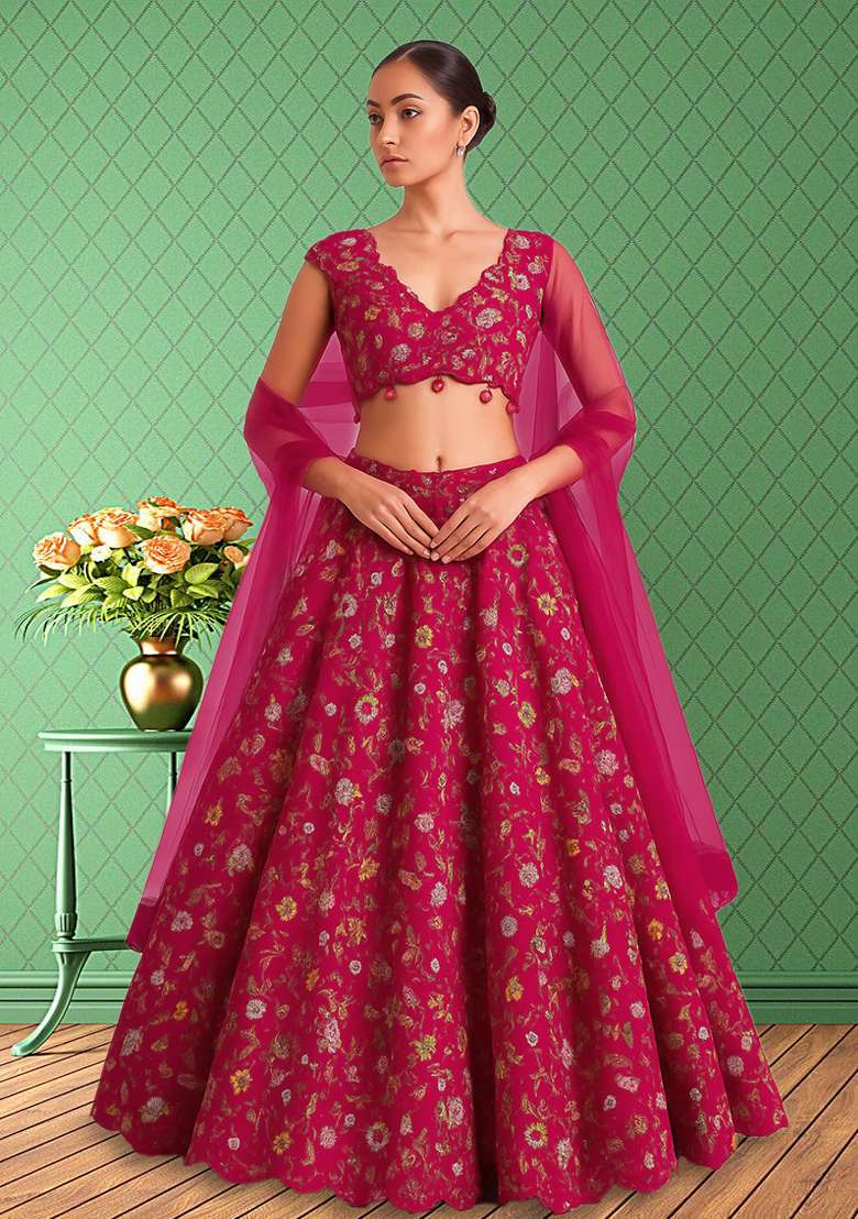 Pink Embroidered Crepe Lehenga Set - Indya