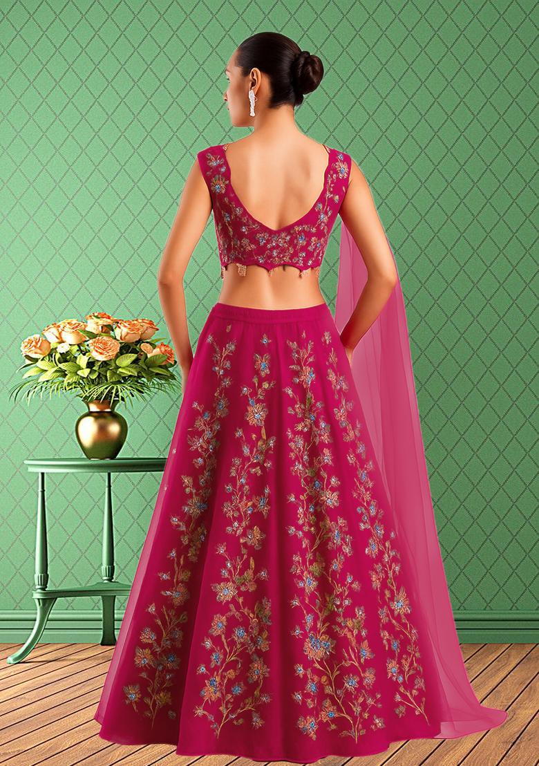 Pink Embroidered Crepe Lehenga Set - Indya