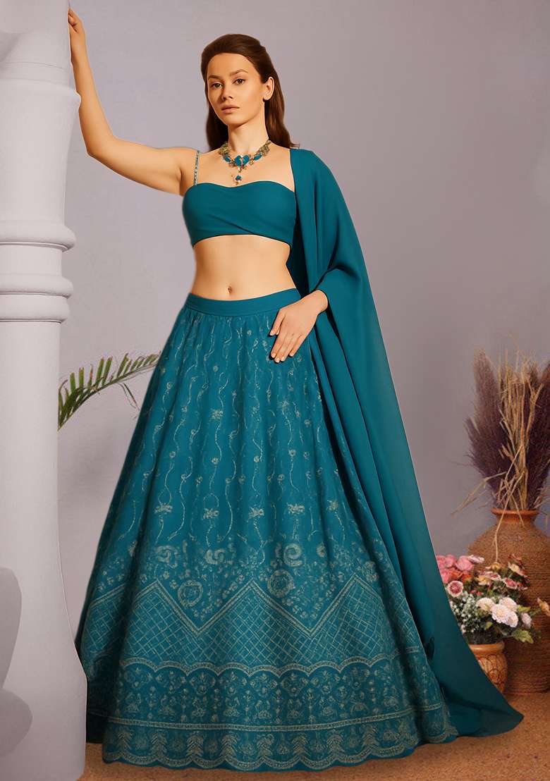 Teal Embroidered Net Lehenga Set - Indya