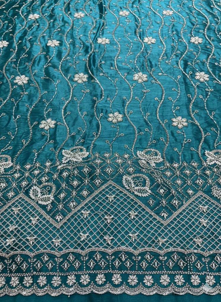 Teal Embroidered Net Lehenga Set - Indya