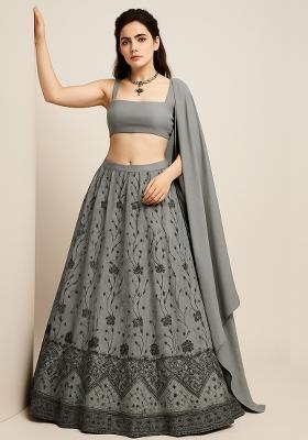 Grey Embroidered Net Lehenga Set