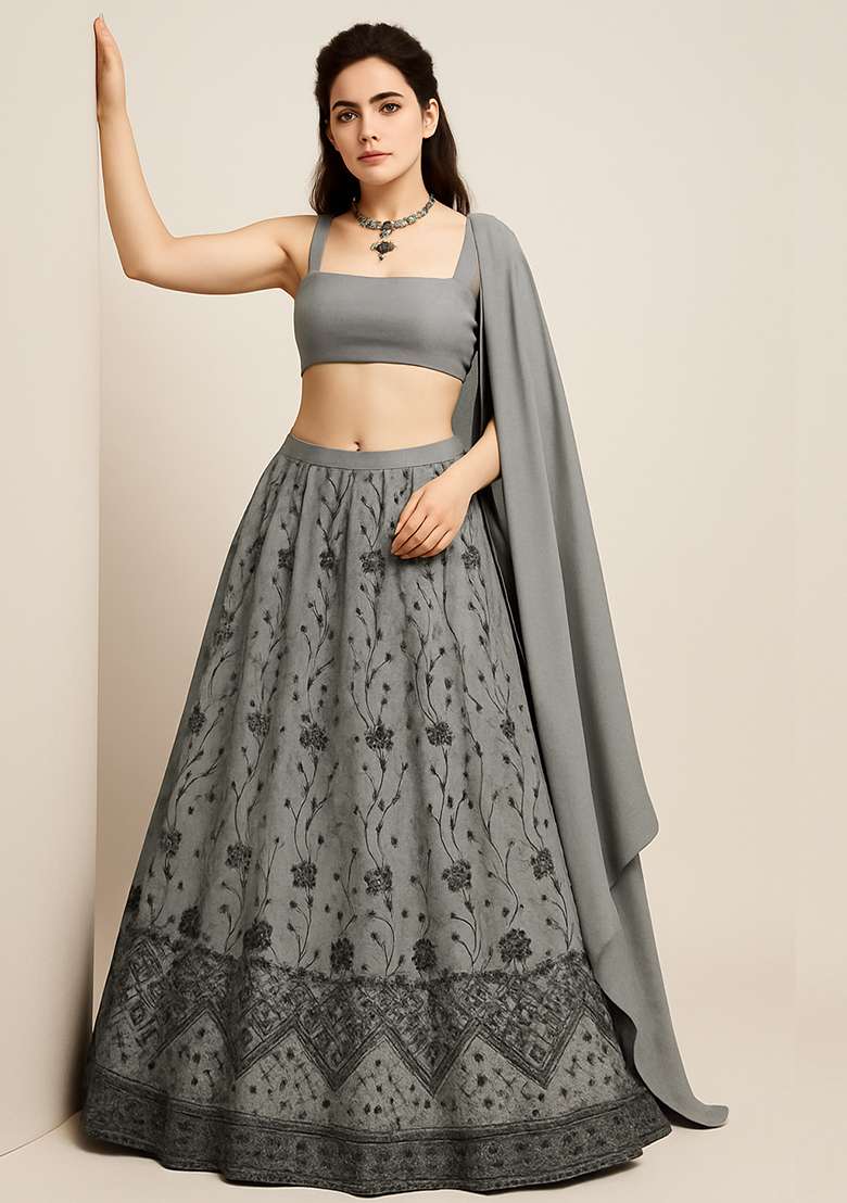 Grey Embroidered Net Lehenga Set - Indya