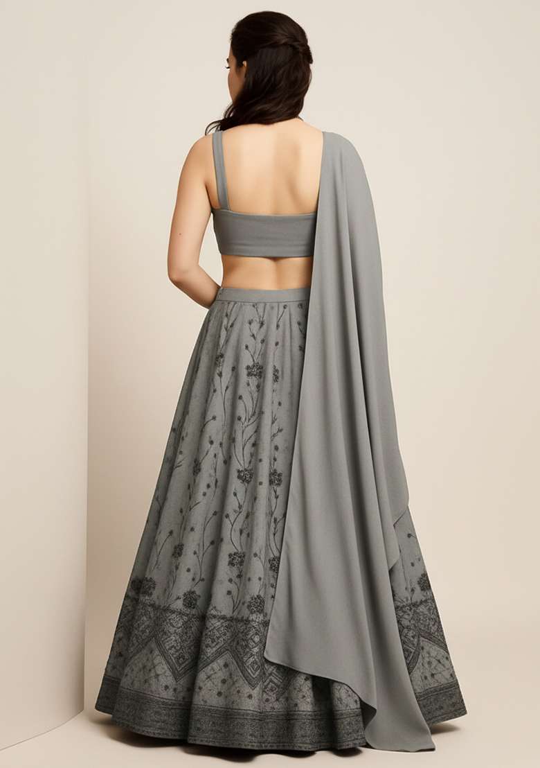Grey Embroidered Net Lehenga Set - Indya