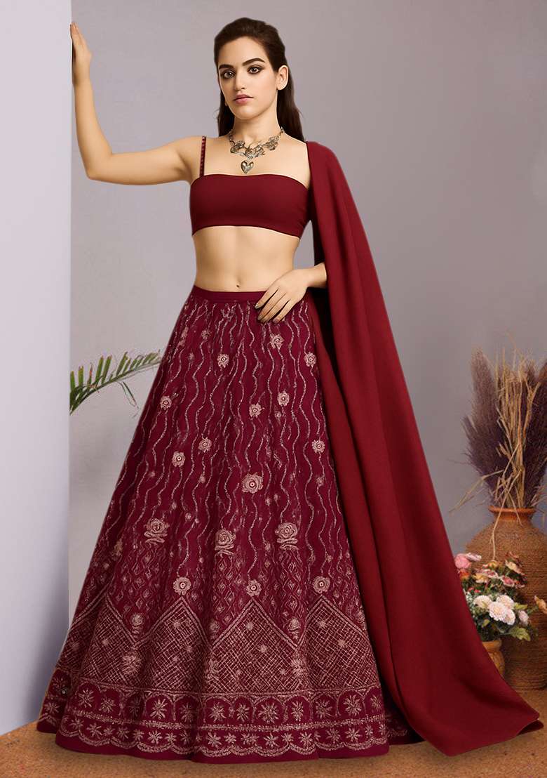 Red Embroidered Net Lehenga Set - Indya