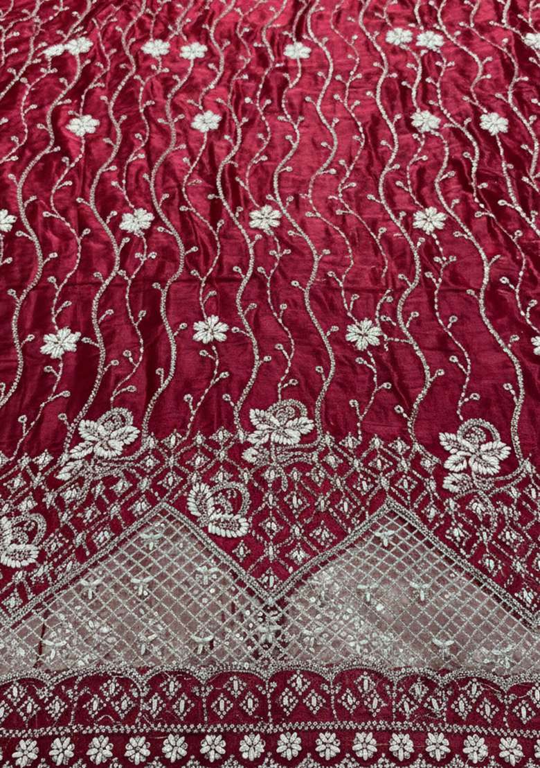 Red Embroidered Net Lehenga Set - Indya