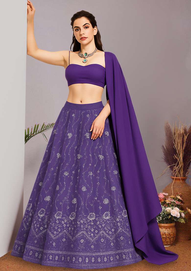 Purple Embroidered Net Lehenga Set - Indya