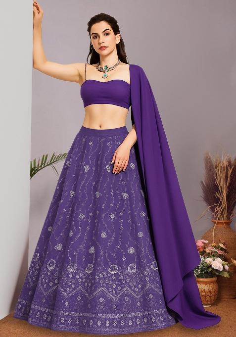 Purple Embroidered Net Lehenga Set