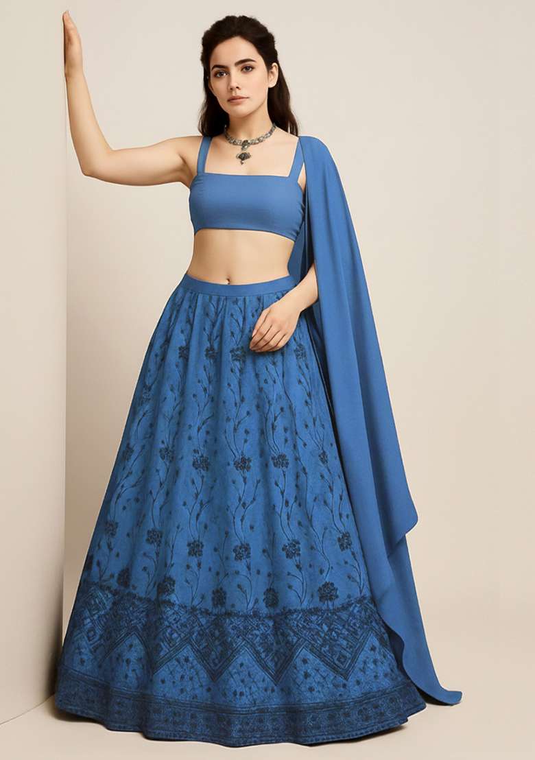 Blue Embroidered Net Lehenga Set - Indya