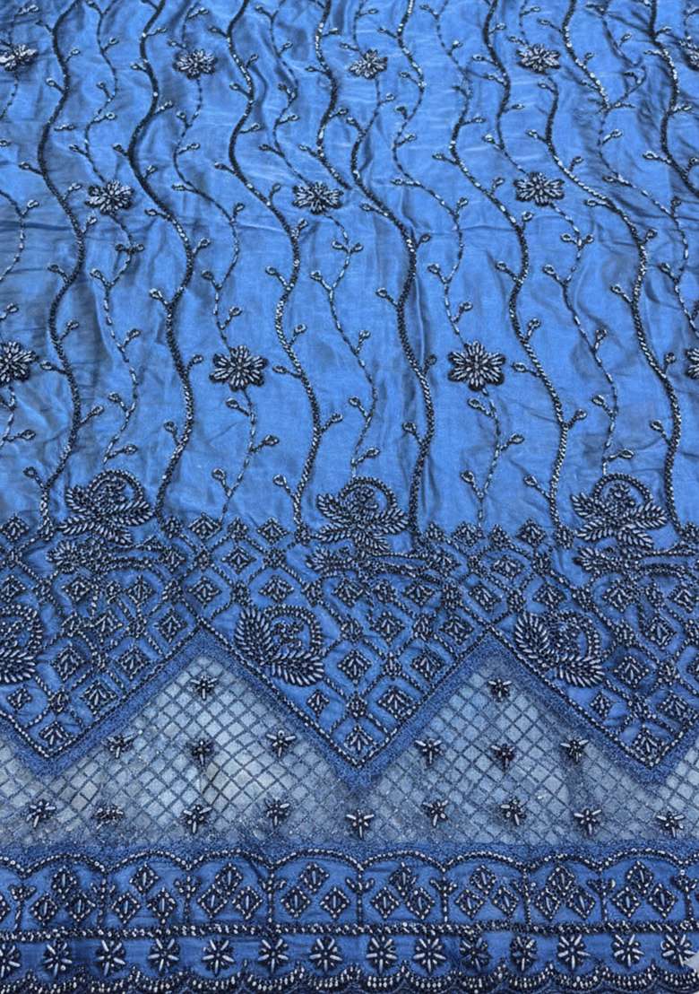 Blue Embroidered Net Lehenga Set - Indya