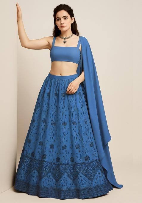 Blue Embroidered Net Lehenga Set