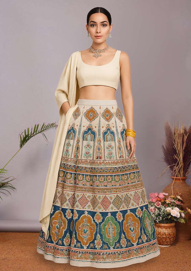 Multicolor Figure Print Crepe Lehenga Set - Indya