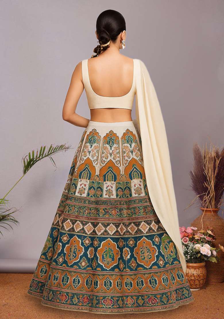 Multicolor Figure Print Crepe Lehenga Set - Indya