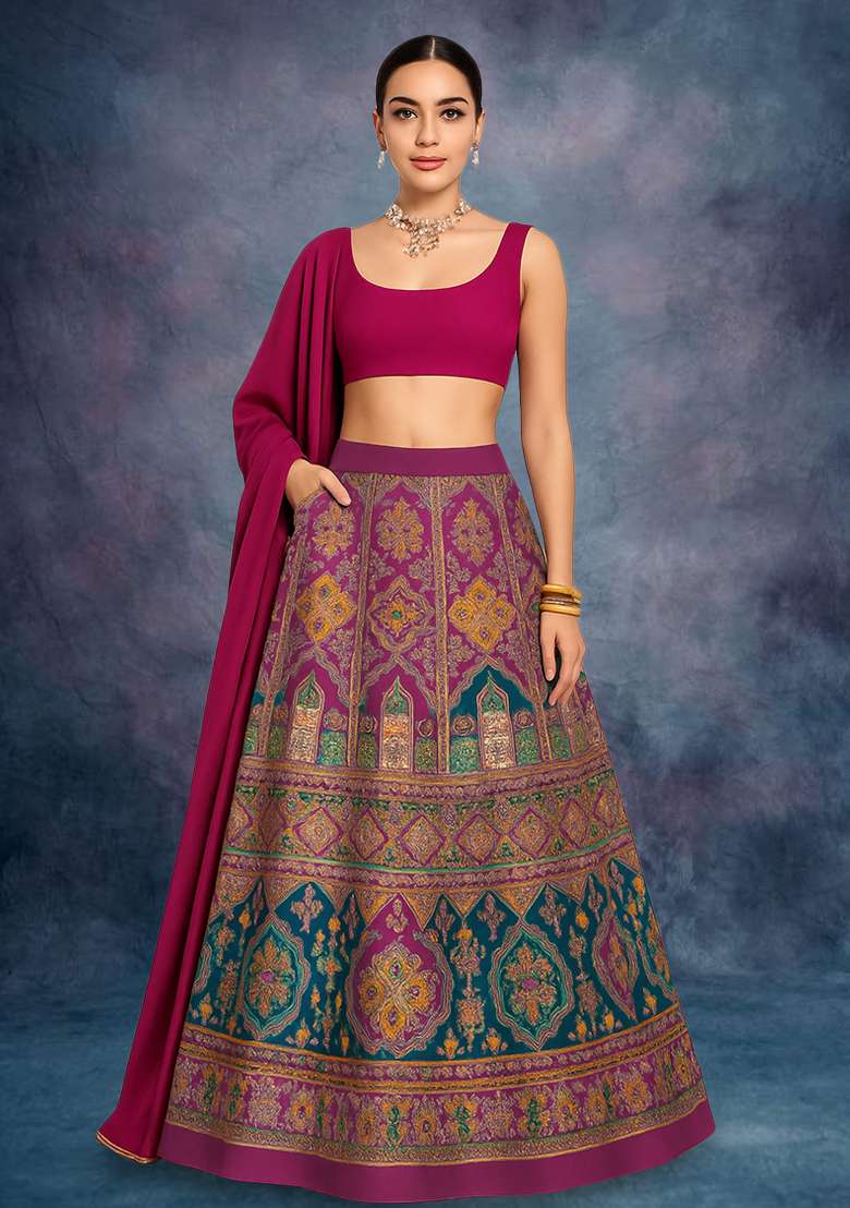Multicolor Figure Print Crepe Lehenga Set - Indya