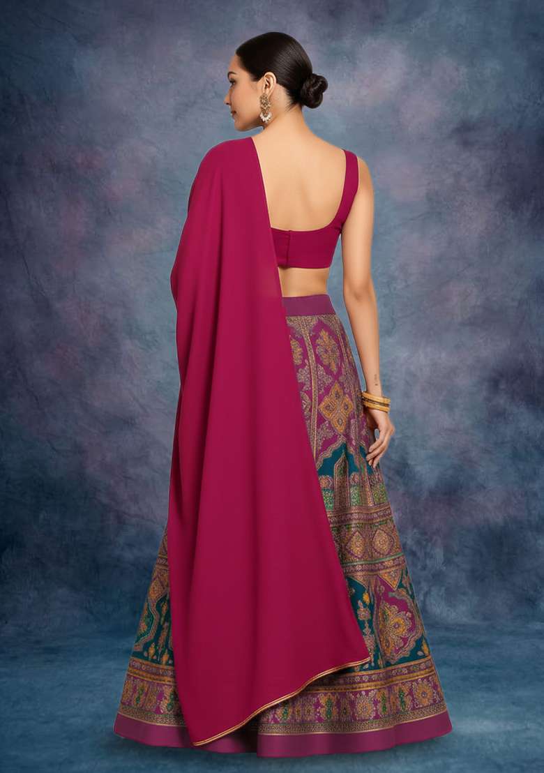 Multicolor Figure Print Crepe Lehenga Set - Indya