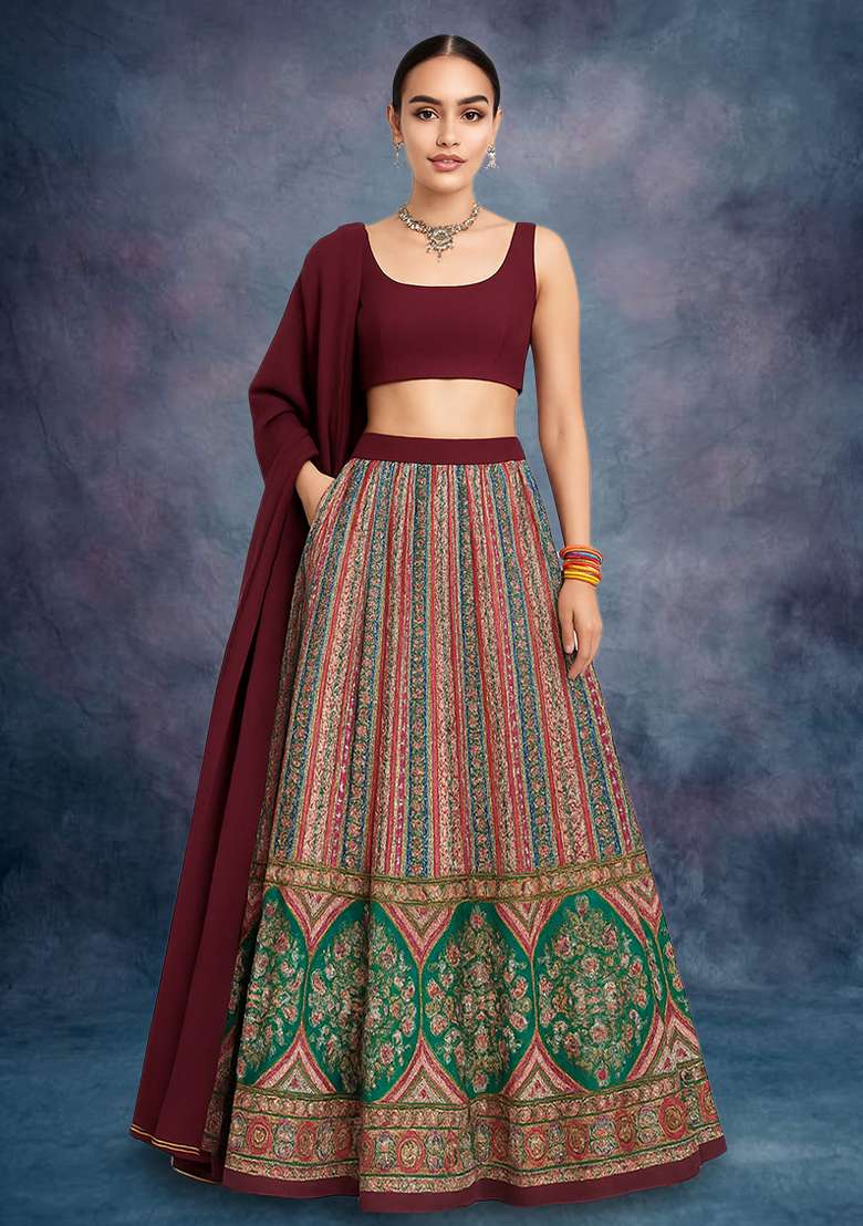 Peach Figure Print Brocade Lehenga Set - Indya