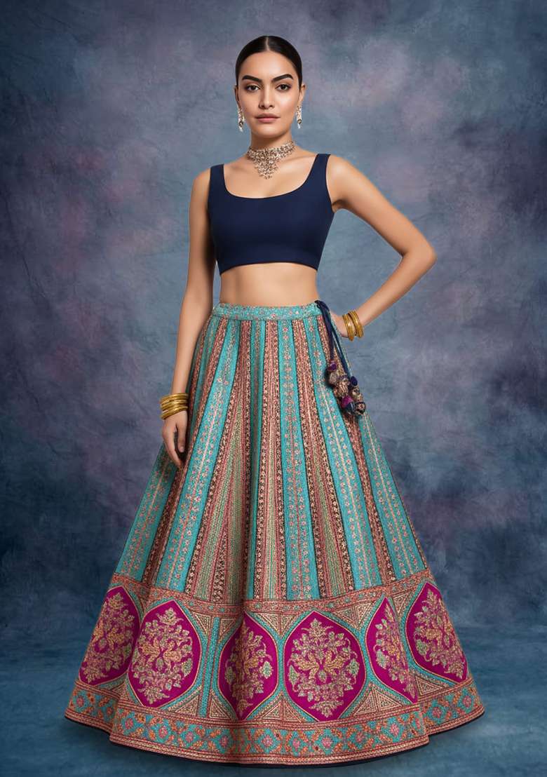 Sky Blue Figure Print Brocade Lehenga Set - Indya