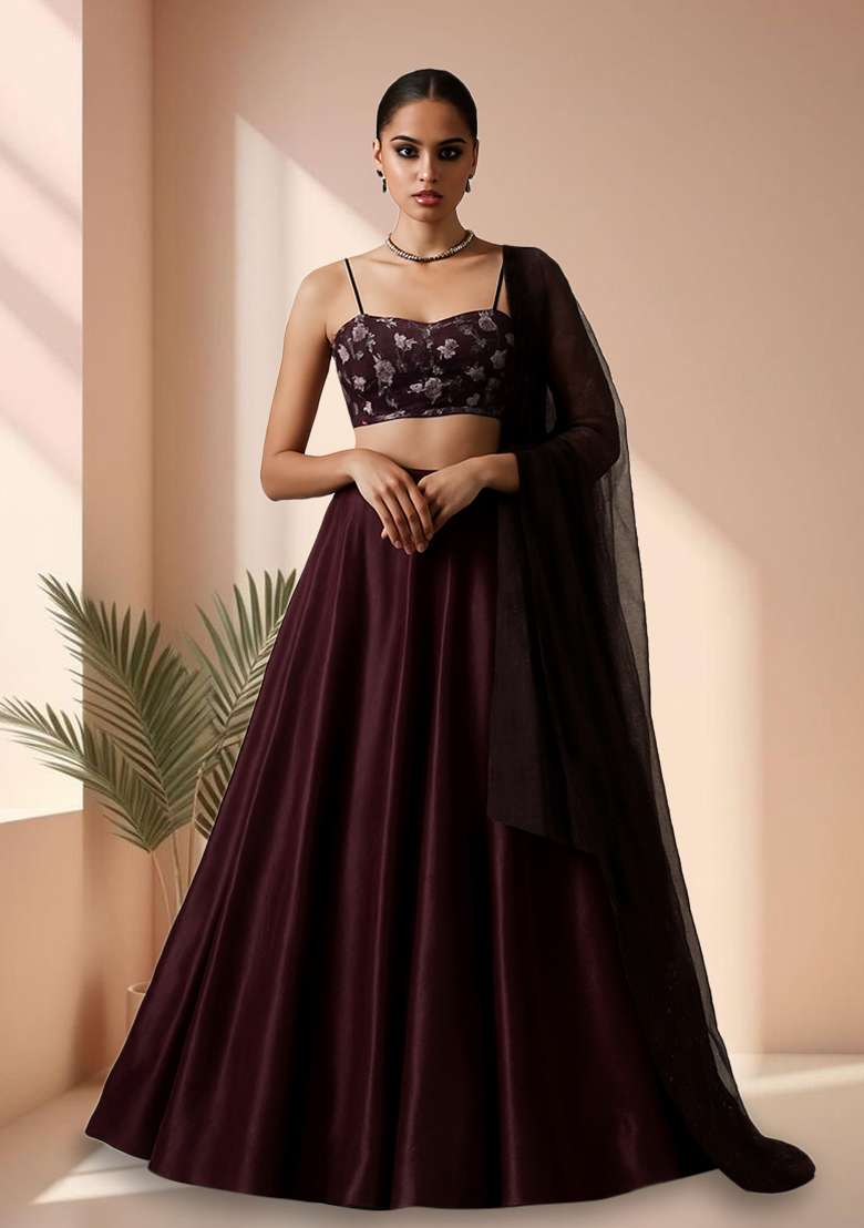 Wine Embellished Net Lehenga Set - Indya