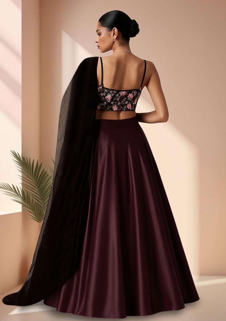 Wine Embellished Net Lehenga Set - Indya