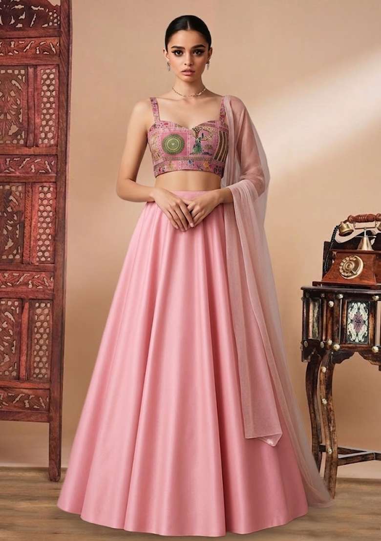 Pink Figure Print Silk Blend Lehenga Set - Indya