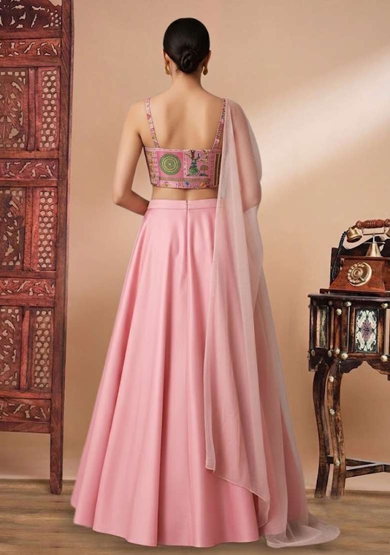 Pink Figure Print Silk Blend Lehenga Set - Indya