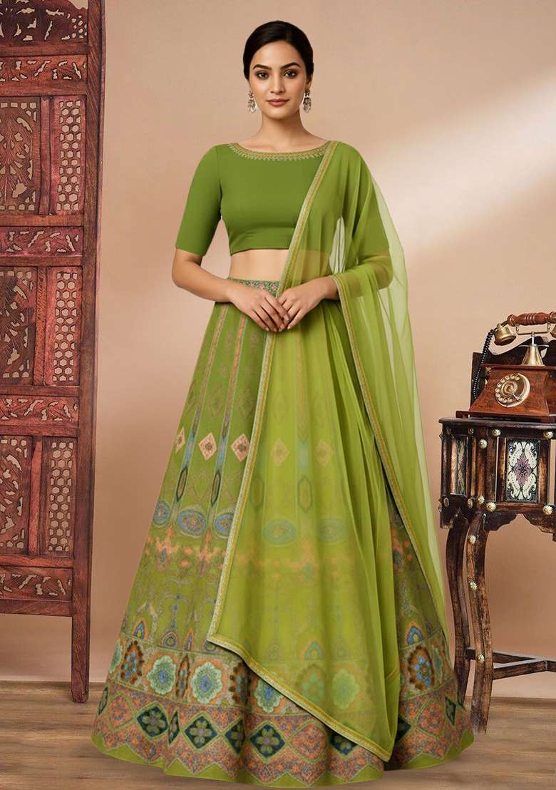 Green Embroidered Crepe Lehenga Set - Indya