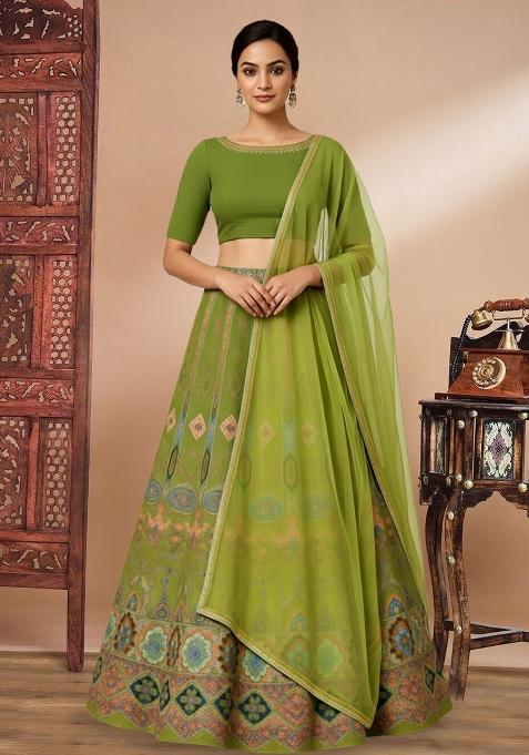 Green Embroidered Crepe Lehenga Set