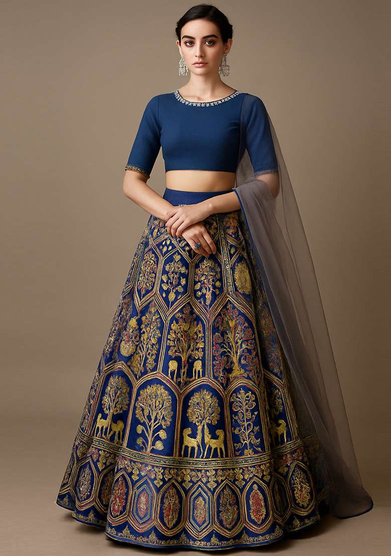 Blue Embroidered Crepe Lehenga Set - Indya