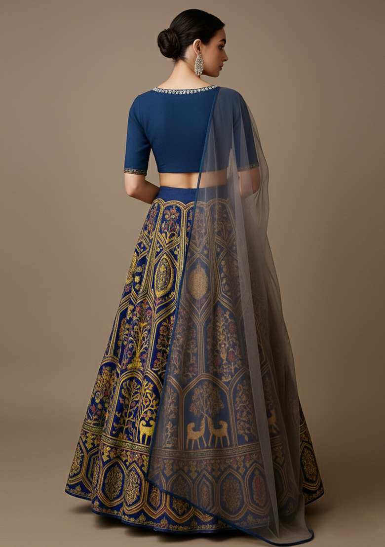 Blue Embroidered Crepe Lehenga Set - Indya