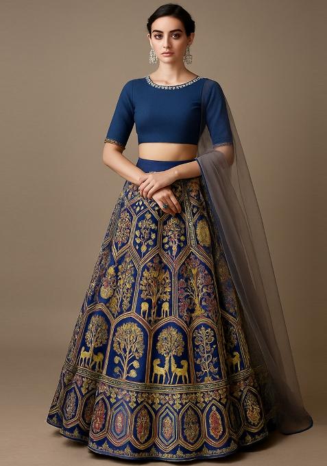 Blue Embroidered Crepe Lehenga Set