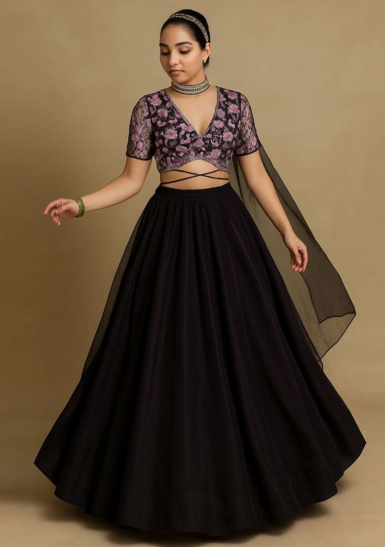 Wine Embellished Net Lehenga Set - Indya