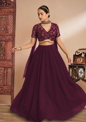 Wine Embellished Net Lehenga Set
