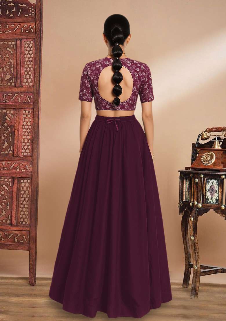 Wine Embellished Net Lehenga Set - Indya