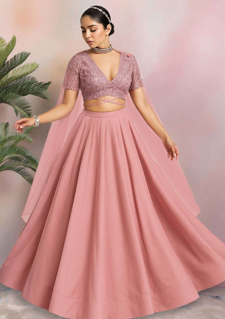 Pink Embellished Net Lehenga Set - Indya
