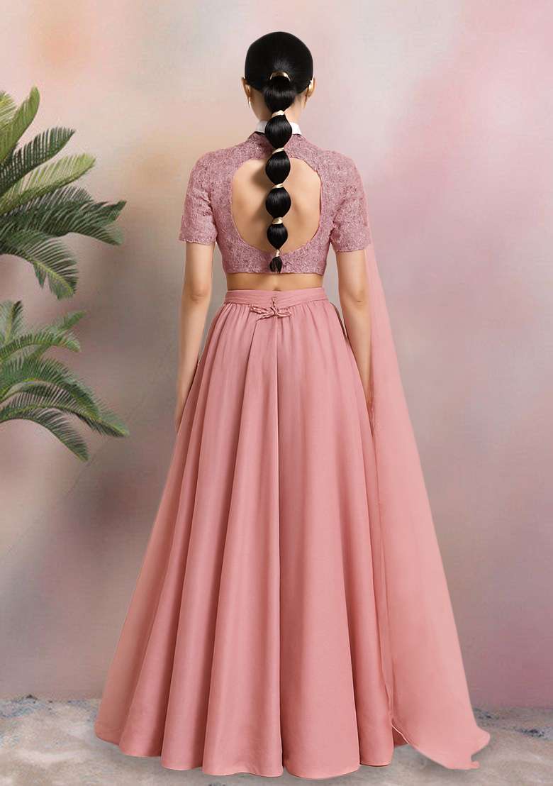 Pink Embellished Net Lehenga Set - Indya