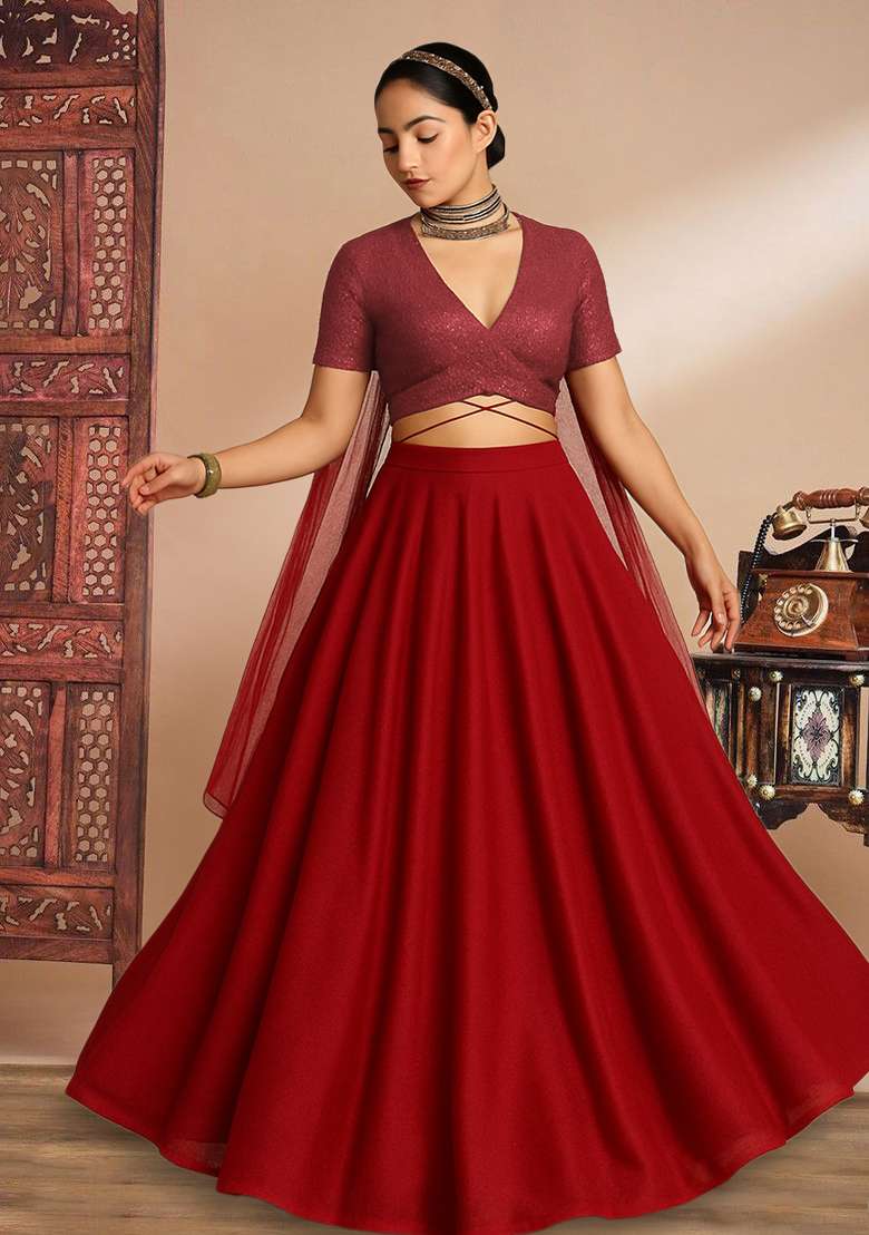 Red Embellished Lurex Lehenga Set for Diwali | Wedding & Festive Wear - Indya