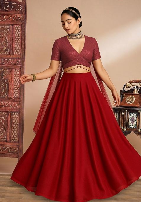 Red Embellished Lurex Lehenga Set