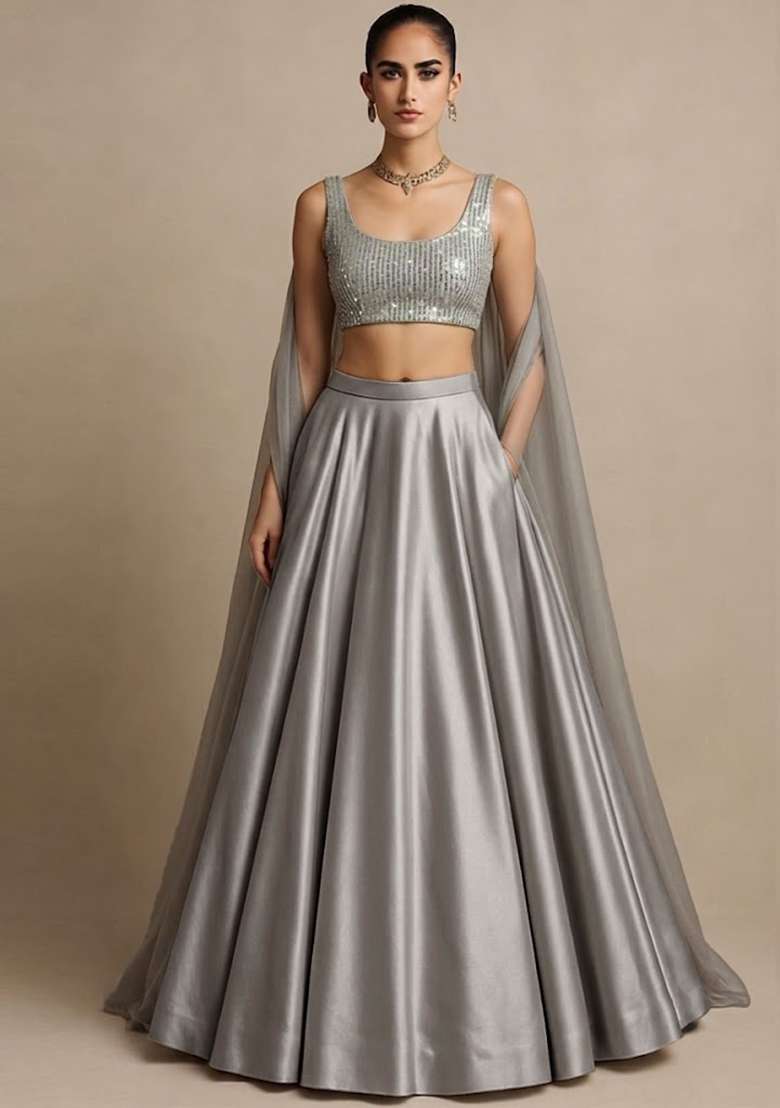 White Net Lehenga Set with Sequin for Diwali | Wedding & Festive Wear - Indya