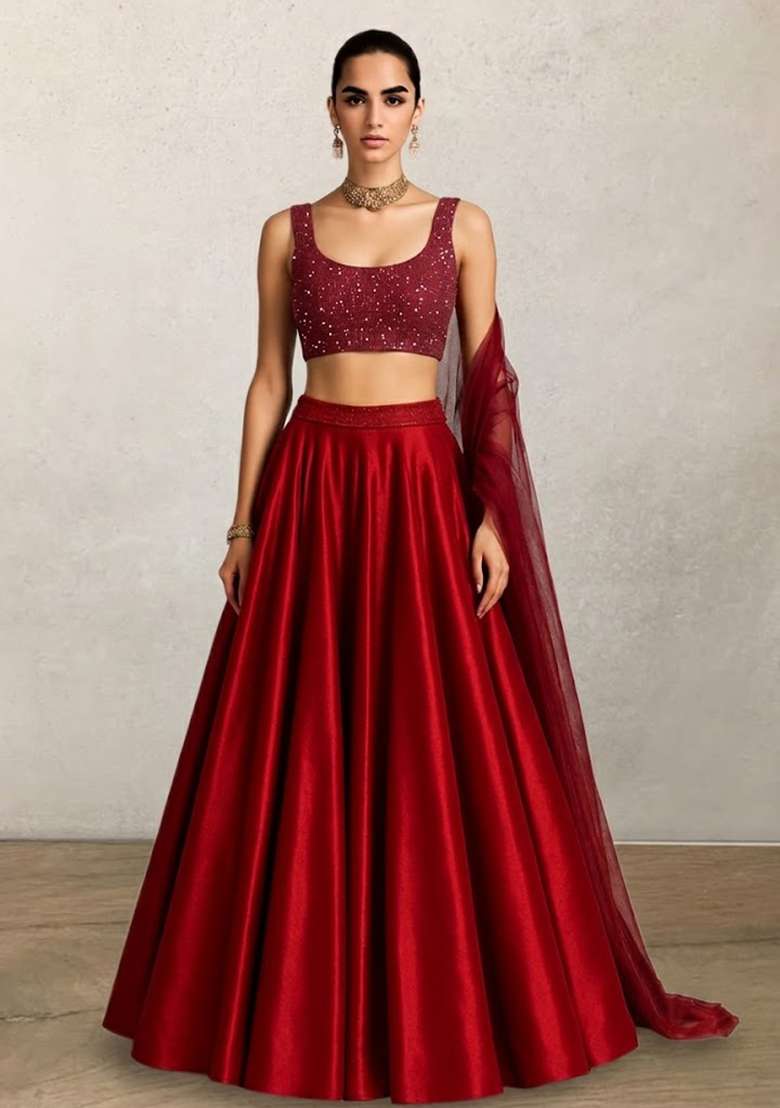 Red Sequin Lurex Lehenga Set for Diwali and Festive Wear - Indya