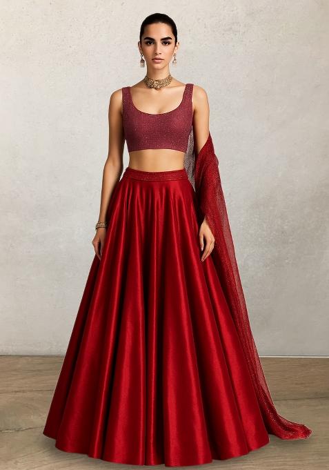 Red Sequin Lurex Lehenga Set
