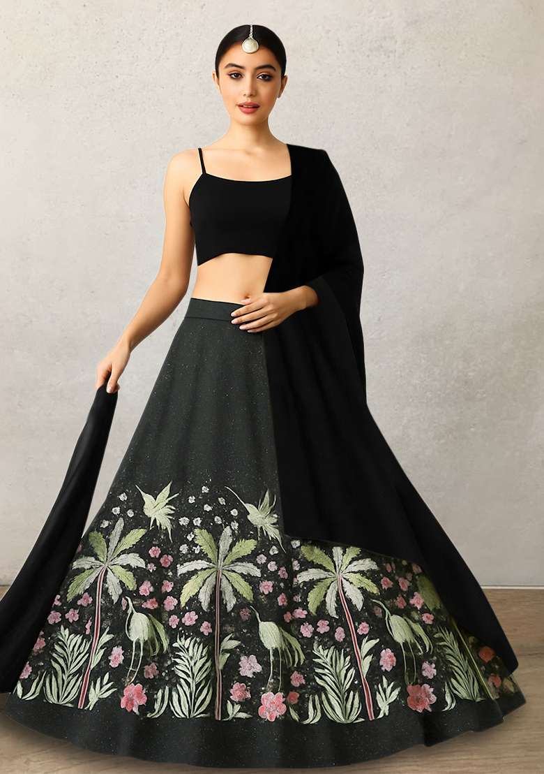 Black Embroidered Silk Blend Lehenga Set - Indya