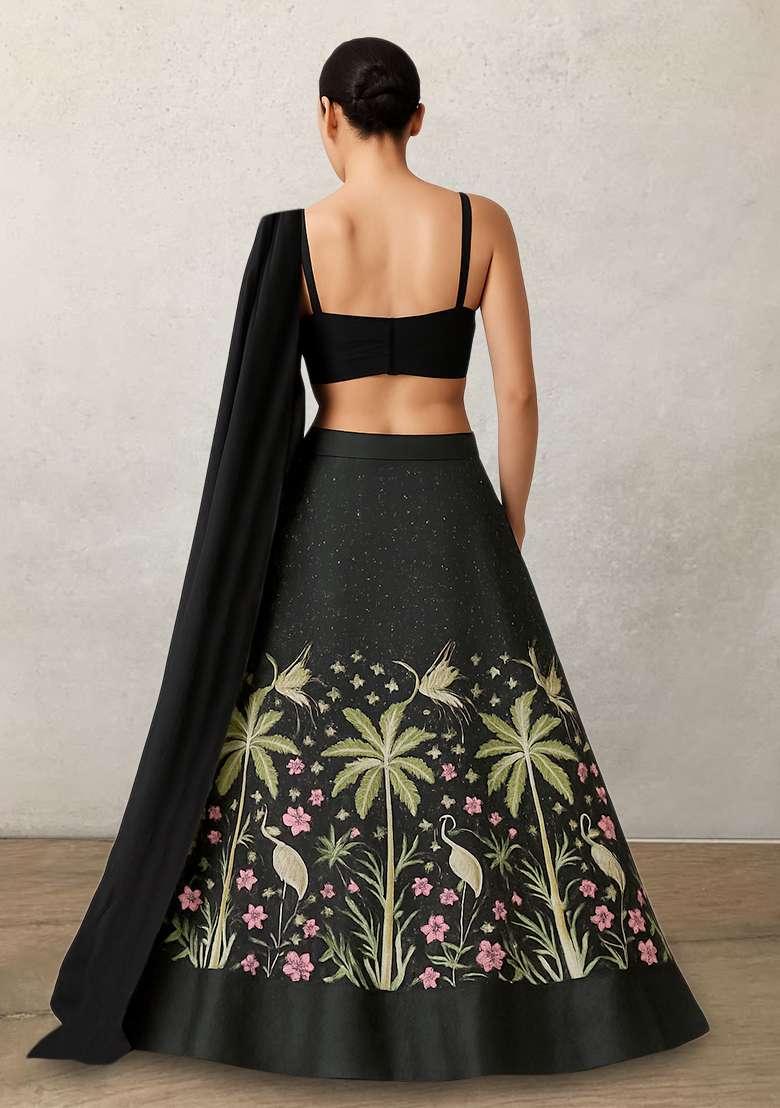 Black Embroidered Silk Blend Lehenga Set - Indya