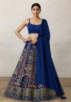 Blue Embroidered Crepe Lehenga Set