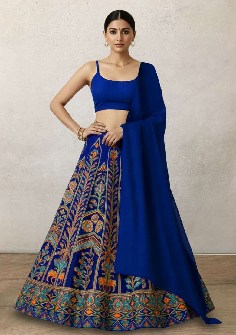 Blue Embroidered Crepe Lehenga Set - Indya