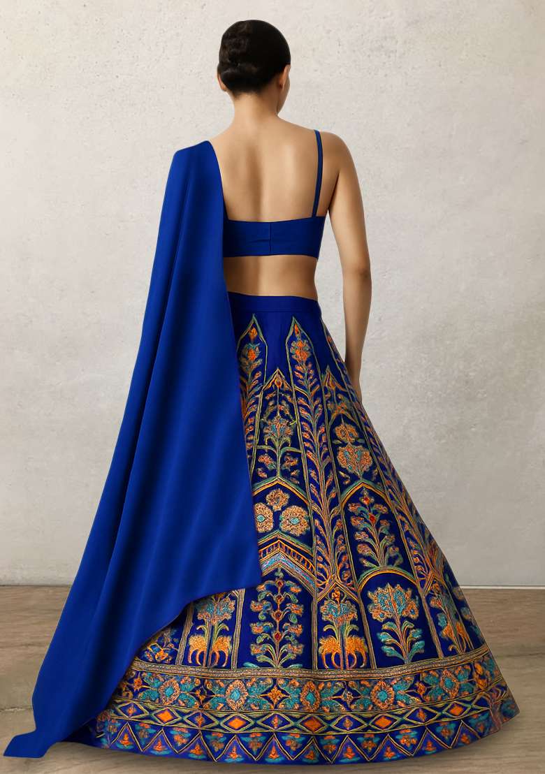 Blue Embroidered Crepe Lehenga Set - Indya