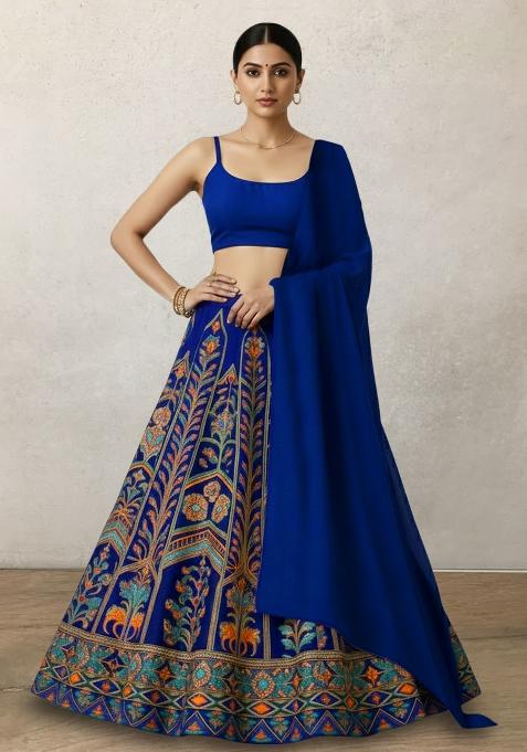 Blue Embroidered Crepe Lehenga Set — view on Indya