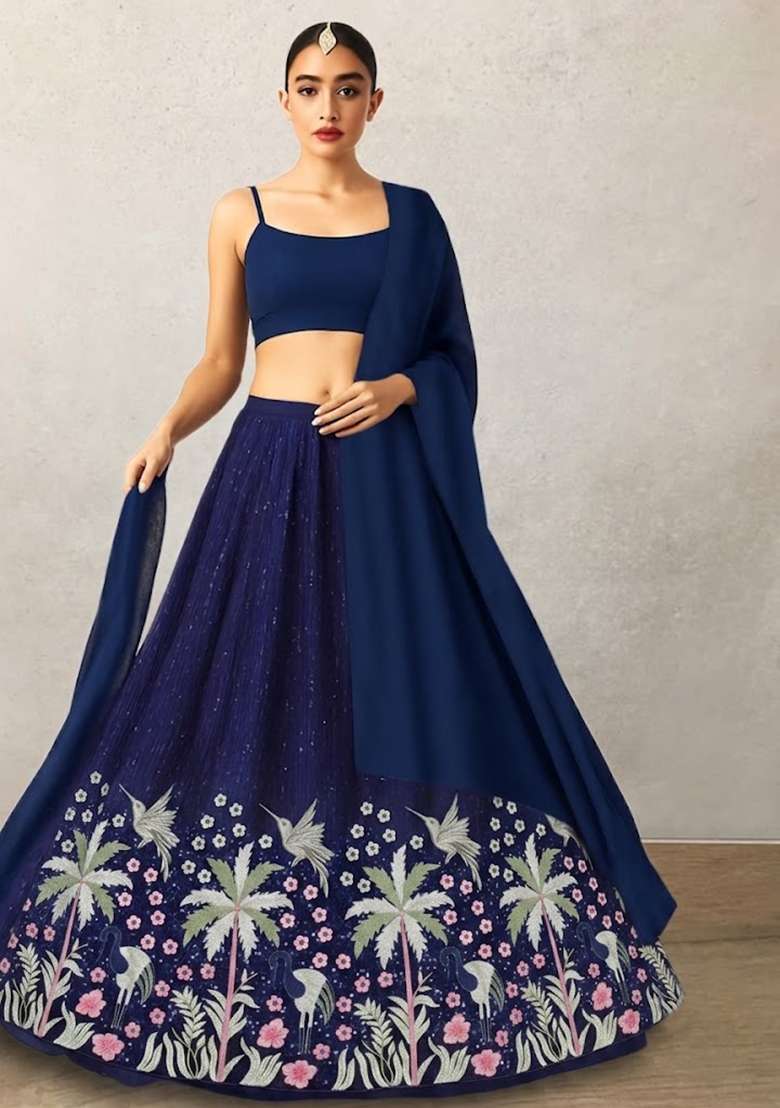 Blue Embroidered Silk Blend Lehenga Set - Indya