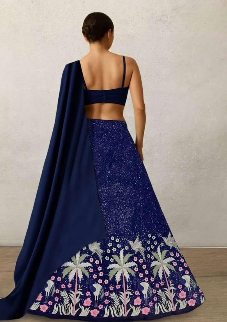 Blue Embroidered Silk Blend Lehenga Set - Indya