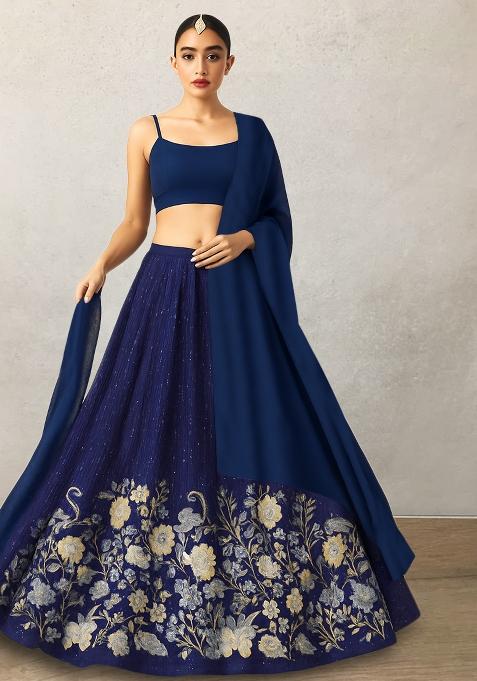 Blue Embroidered Silk Lehenga Set