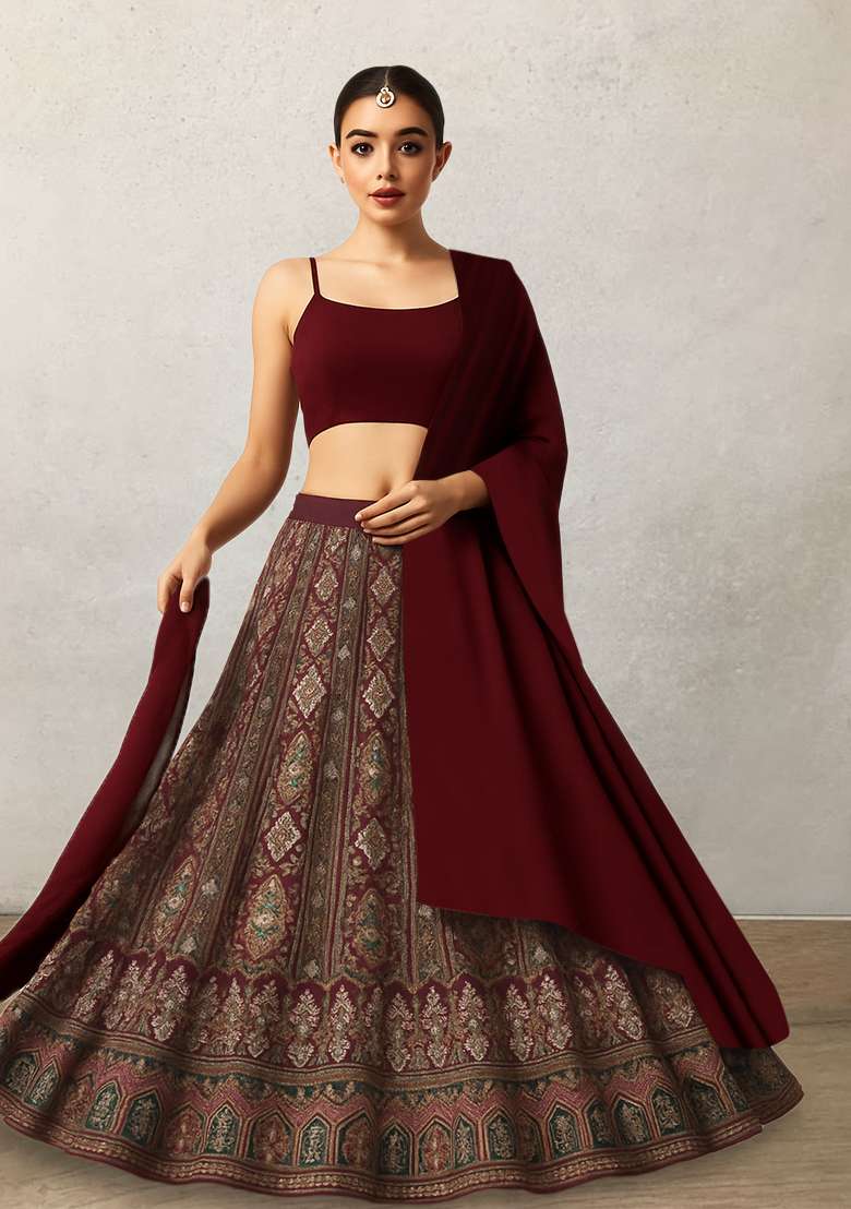 Red Embroidered Crepe Lehenga Set - Indya