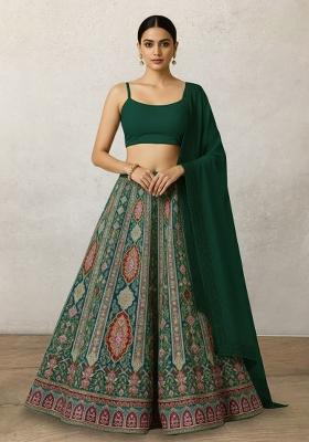 Teal Green Embroidered Crepe Lehenga Set
